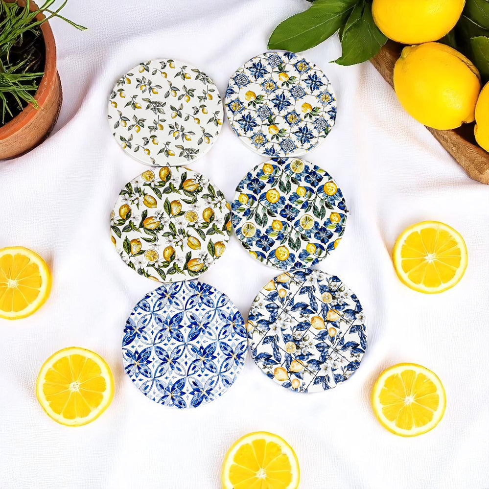 Luxury ceramic coasters Mediterranean lemon pattern blue white chinoiserie style cork back drink coaster
maximalist decor ceramic coasters Mediterranean lemon design luxury blue yellow patterns cork back accessories